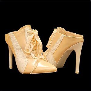 Nude Lace-Up Stiletto Mule Heels With Pointed Toe For Women